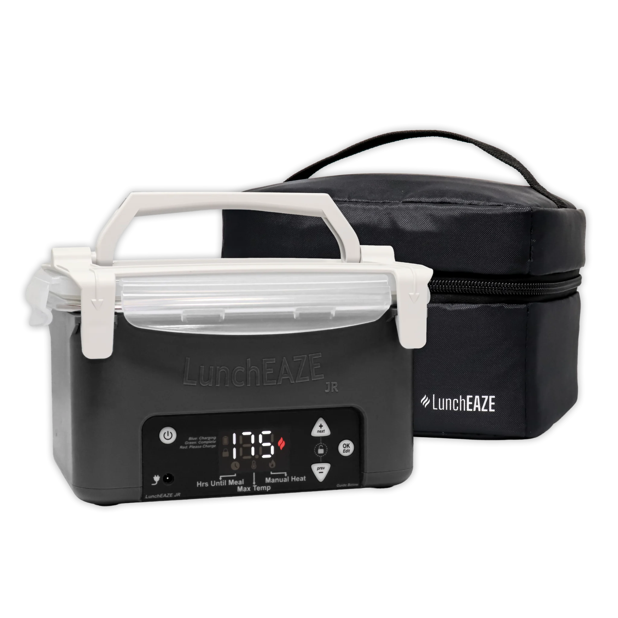 LunchEAZE Junior cordless self-heated lunchbox in black with white carry handle and latch clips, screen displaying 1.75 hours until meal with manual heat and max temp controls visible, shown next to the included black insulated carrying bag. Text reads "color shown in cart"