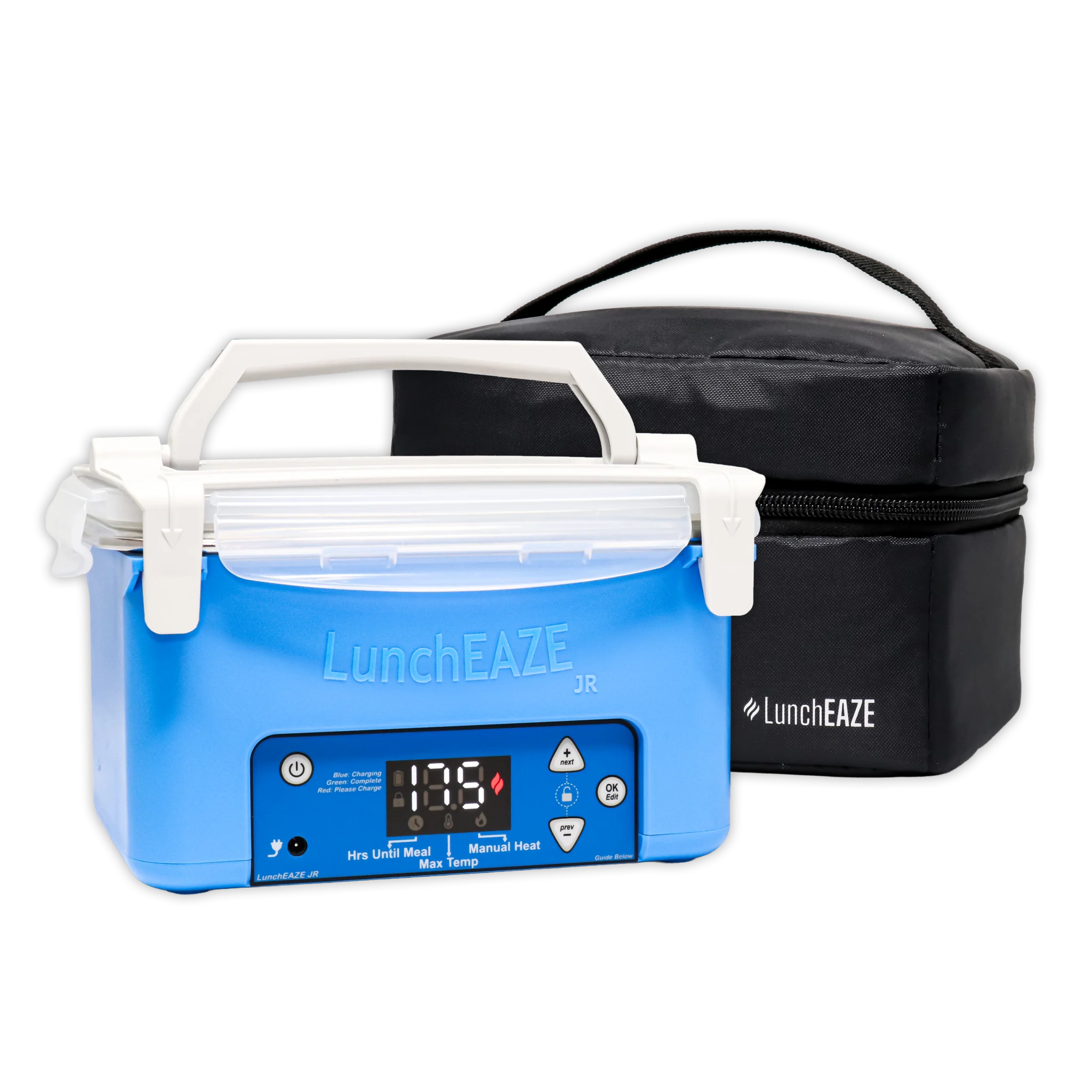 LunchEAZE Junior cordless self-heated lunchbox in blue with white carry handle and latch clips, screen displaying 1.75 hours until meal with manual heat and max temp controls visible, shown next to the included black insulated carrying bag. Text reads "color shown in cart"