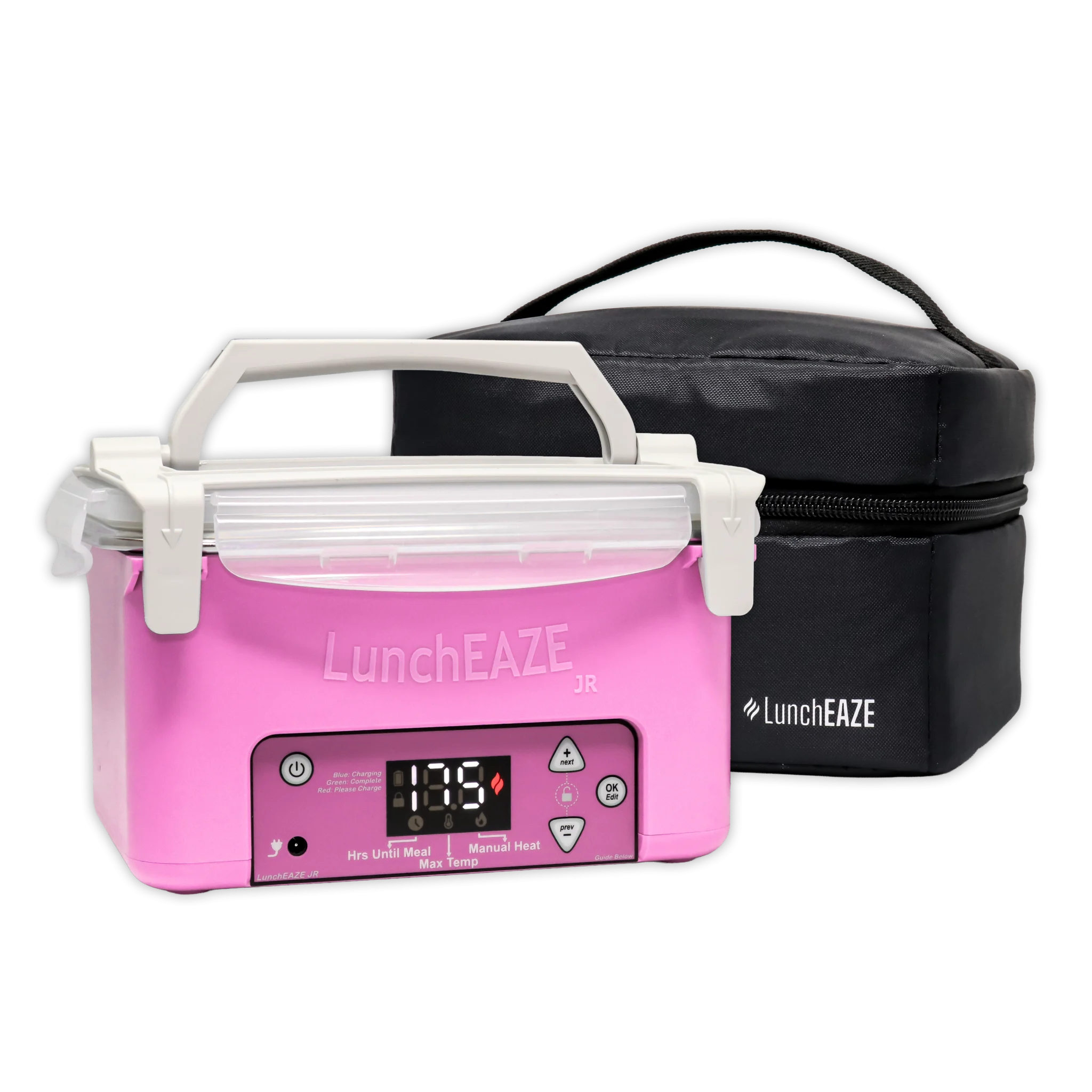 LunchEAZE Junior cordless self-heated lunchbox in pink with white carry handle and latch clips, screen displaying 1.75 hours until meal with manual heat and max temp controls visible, shown next to the included black insulated carrying bag. Text reads "color shown in cart"