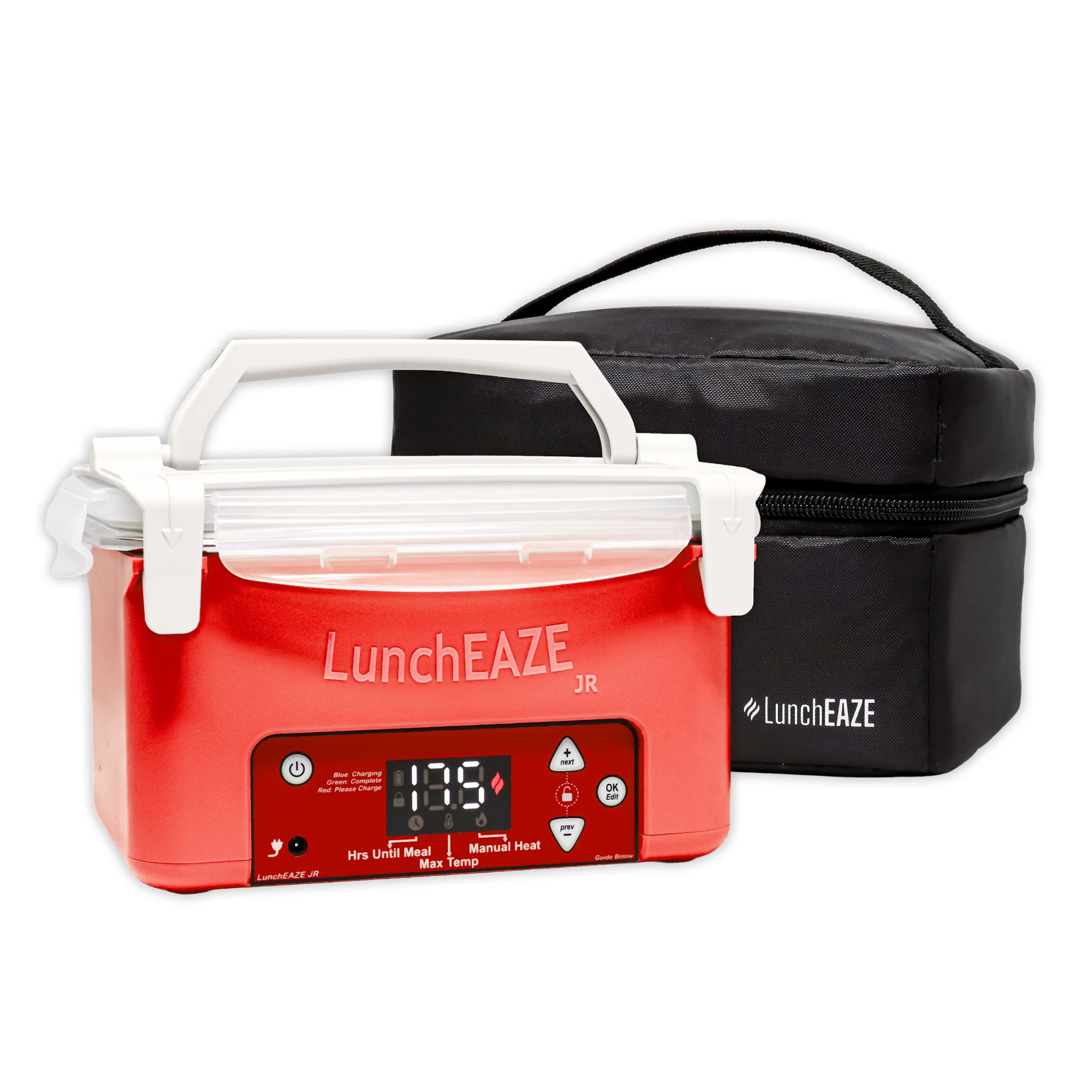 LunchEAZE Junior cordless self-heated lunchbox in red with white carry handle and latch clips, screen displaying 1.75 hours until meal with manual heat and max temp controls visible, shown next to the included black insulated carrying bag. Text reads "color shown in cart"