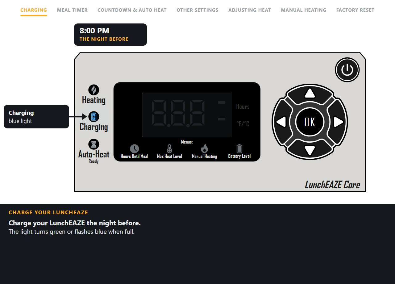 Core front panel with the display reading 3.0 hours, the green clock lit and the Up button highlighted