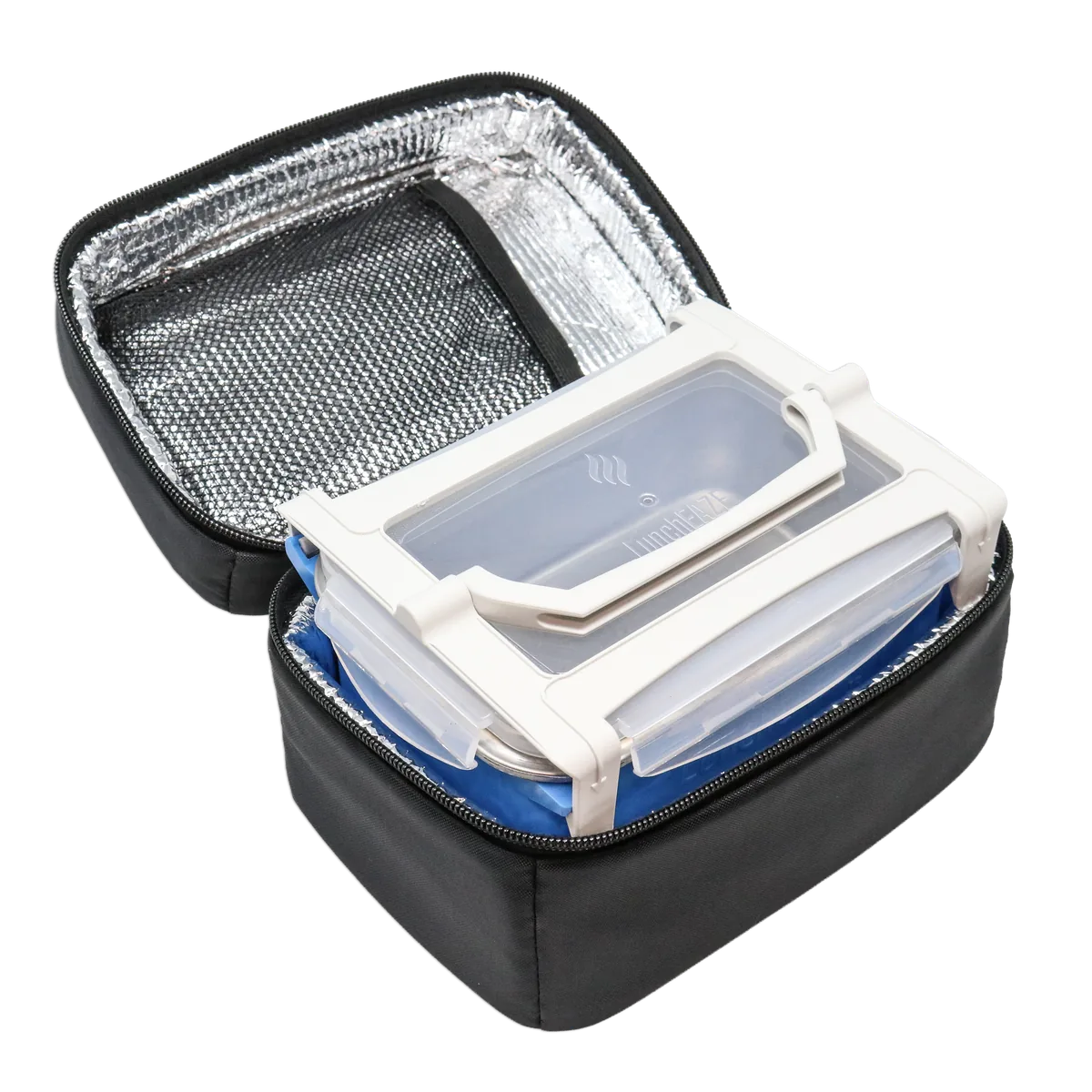 A blue Junior sitting inside its open black insulated bag