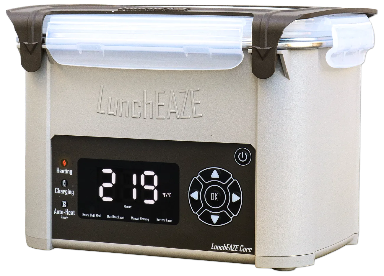 LunchEAZE Core self-heating lunchbox with its heating menu on screen