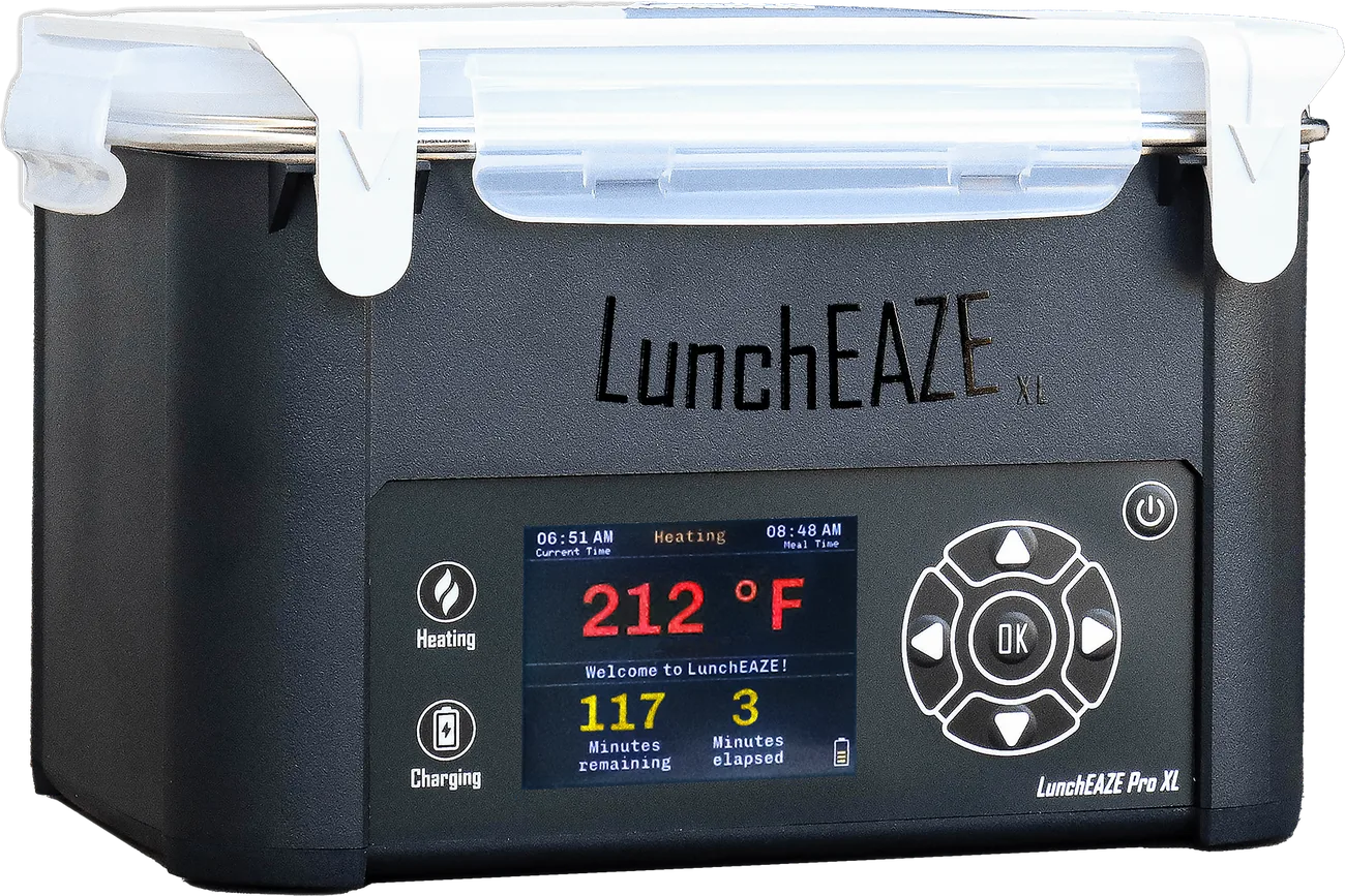 LunchEAZE Pro XL self-heating lunchbox actively heating, its display reading 212°F with minutes remaining